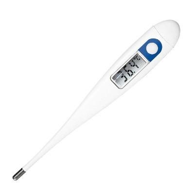 Thermometer met led scherm waar temperatuur af te lezen is en rechts daarnaast de aan/uit-knop.